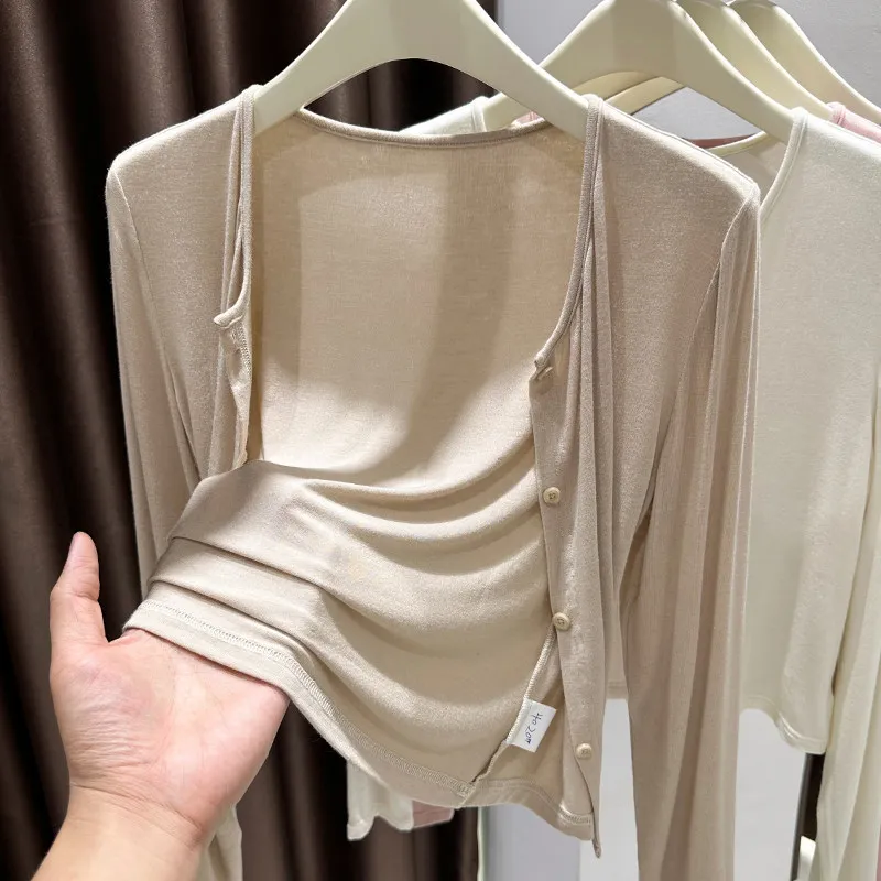 

Summer Simple Knitted Sunscreen Coat French Casual Fashion Solid Color Elastic Single Breasted Women's Thin Ice Silk Blouse