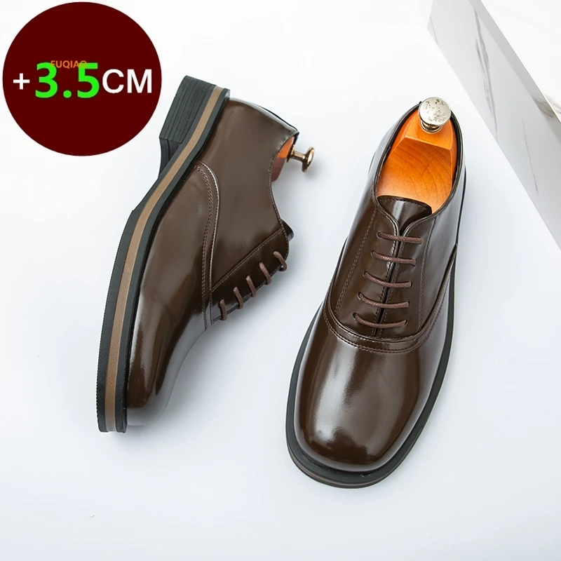 

Men Leather Shoes Thick-soled Brown Black 3.5CM Height Increase Formal Business Shoes Fashion Platform Lace-up Casual Shoes