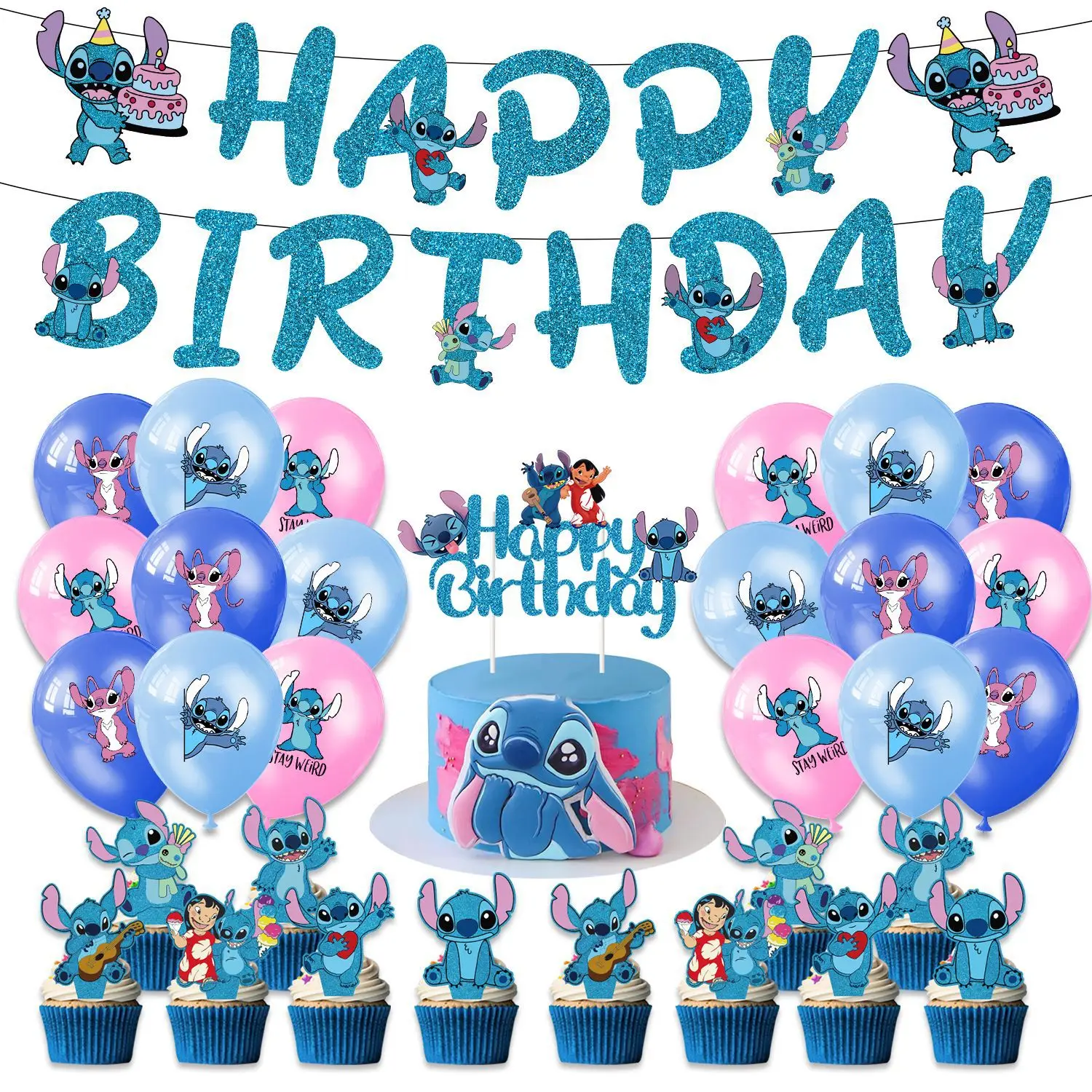 Stitch Series Children's Birthday Party Decoration Balloon Cake Flag Insertion Disposable tableware  Birthday Party Decorations