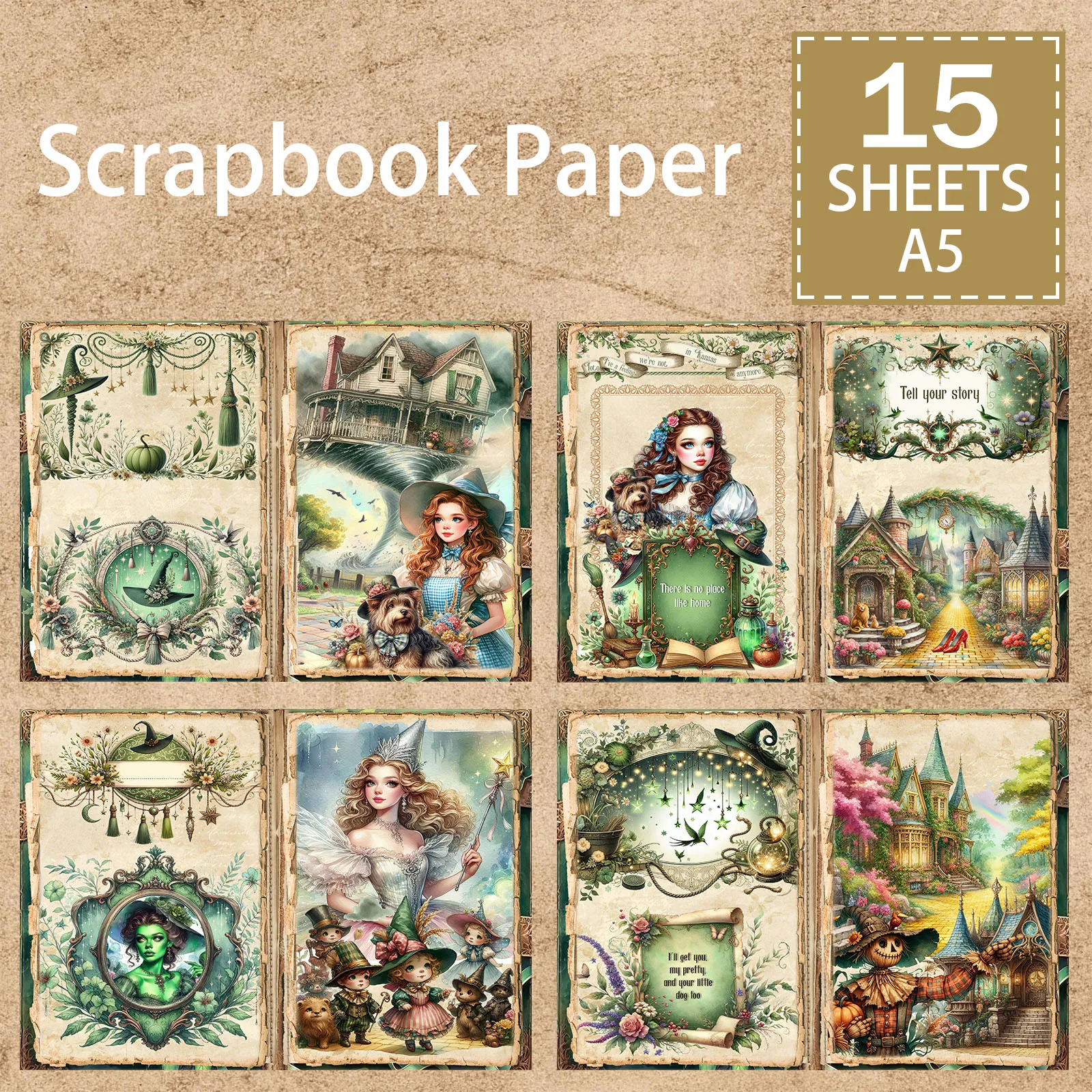 15 Sheets A5 Size Green Forest Adventure Girl Robot Background Vintage Grunge Journal Planning Scrapbooking