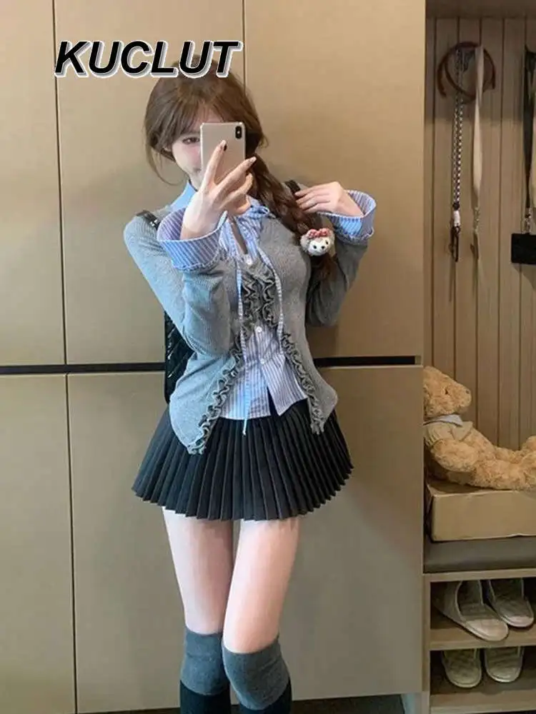 

Korean Style College Fashion Casual Outfit Set Autumn New Patchwork Long Sleeve Top and Pleated Skirt Two-Piece Set for Women