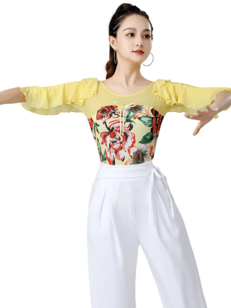 

Mesh Patchwork Ballroom Dance Competition Playsuits Modern Jazz Ruffles Standard Female Luxury Classical Waltz Latin Tops