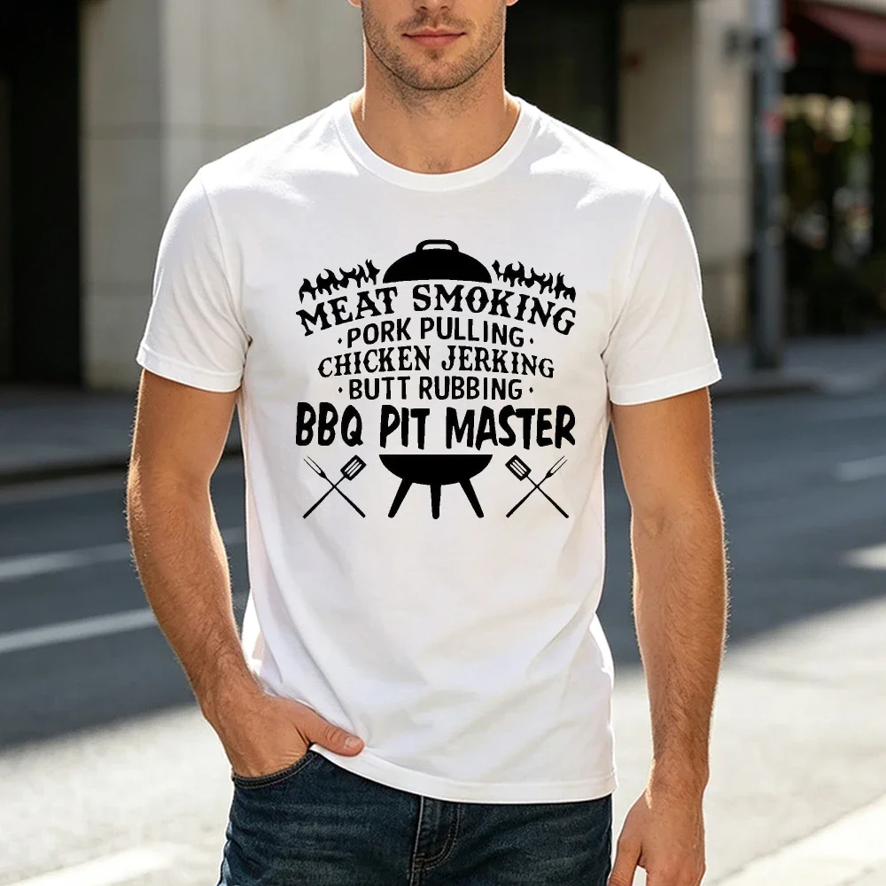 BBQ Pit Master Meat Smoking Men T Shirt Crossed Tools Graphic Tee Funny Barbecue Chef Casual Streetwear Top