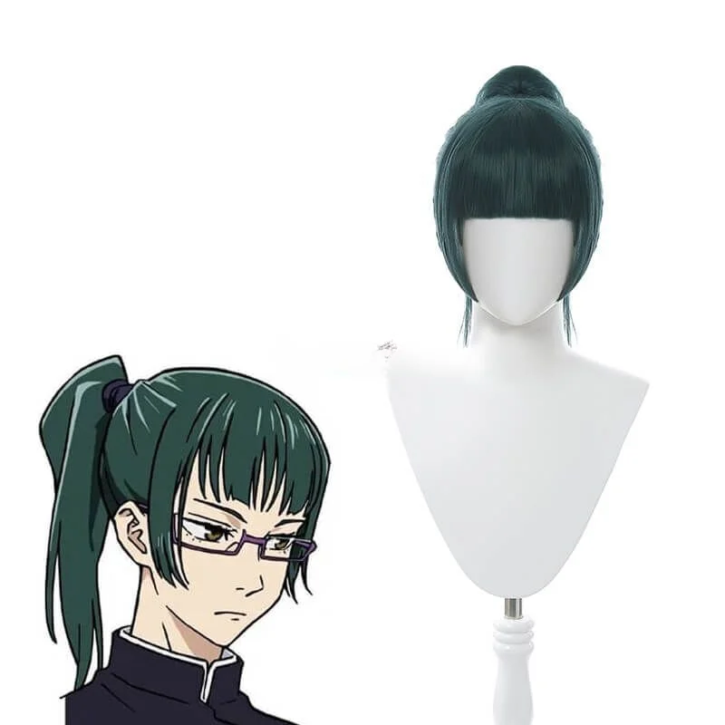 Anime Jujutsu Kaisen Maki Zenin Synthetic Long Straight Dark Green Ponytail Cosplay Wigs