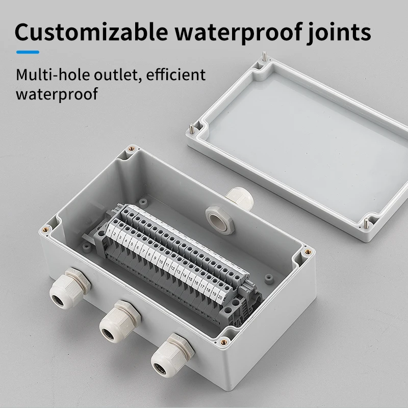 Customized Outdoor IP65 Waterproof Junction Box with Terminal Block Plastic RainProof Cable Threading Wiring Junction Box 15A