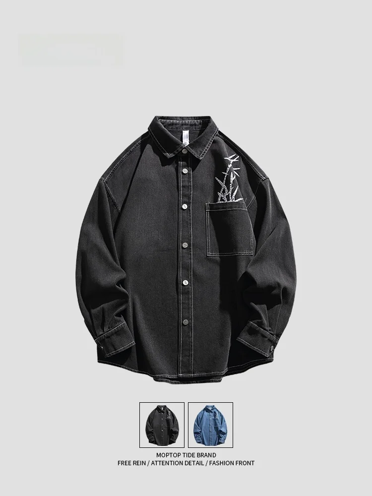 

MMOPTOP Hong Kong Sle Long Sve Men's Denim irt Vintage Casual Outerwear Cotton Polyester Blend Autumn Faion