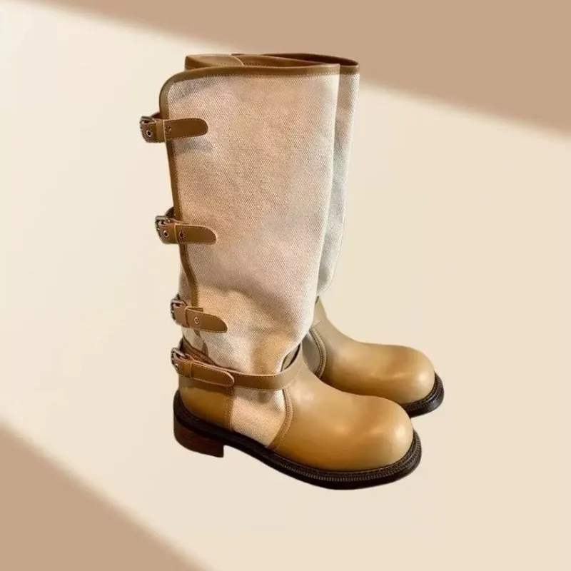 Vintage Spliced Block Heel Shoes Women's 2026 New Summer Platform Small Man Longtube Knight Boots