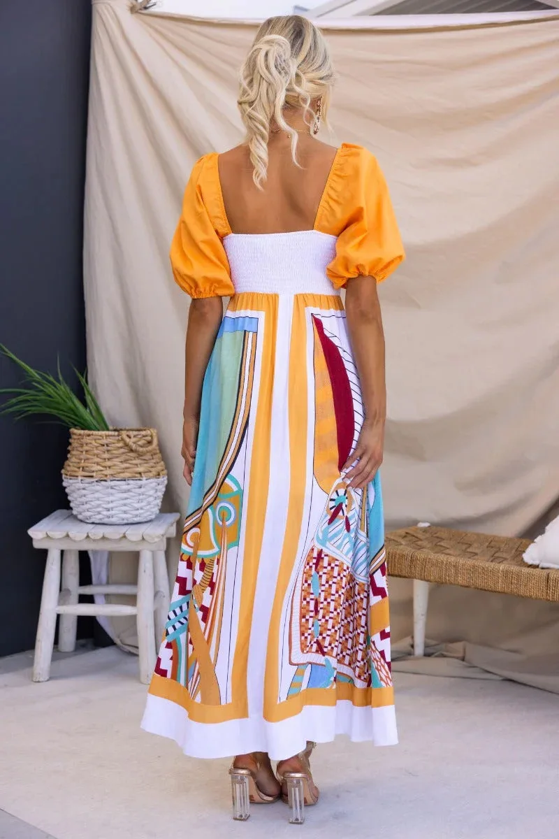 Sommerliches Boho-Maxikleid 2026 mit eckigem Ausschnitt, Puffärmeln, gerafftem Rücken und A-Linie – Lässiges Strand- und Urlaubskleid – Detail 5