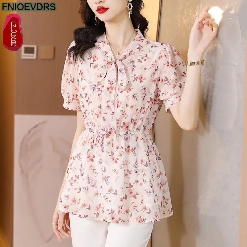 M-4XL 2023 Women Summer European Style Office Lady Drawstring Waist Bow Tie Floral Print Tunic Peplum Tops Blouses