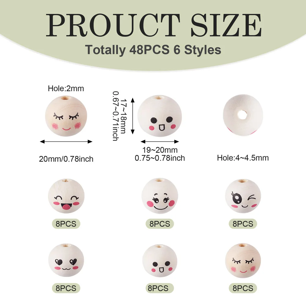 48pcs Emotion Face Printed Wood Beads Almond Color Round Spacer Bead Happy Expression Lanyard Jewelry Making Supplies 19~20mm