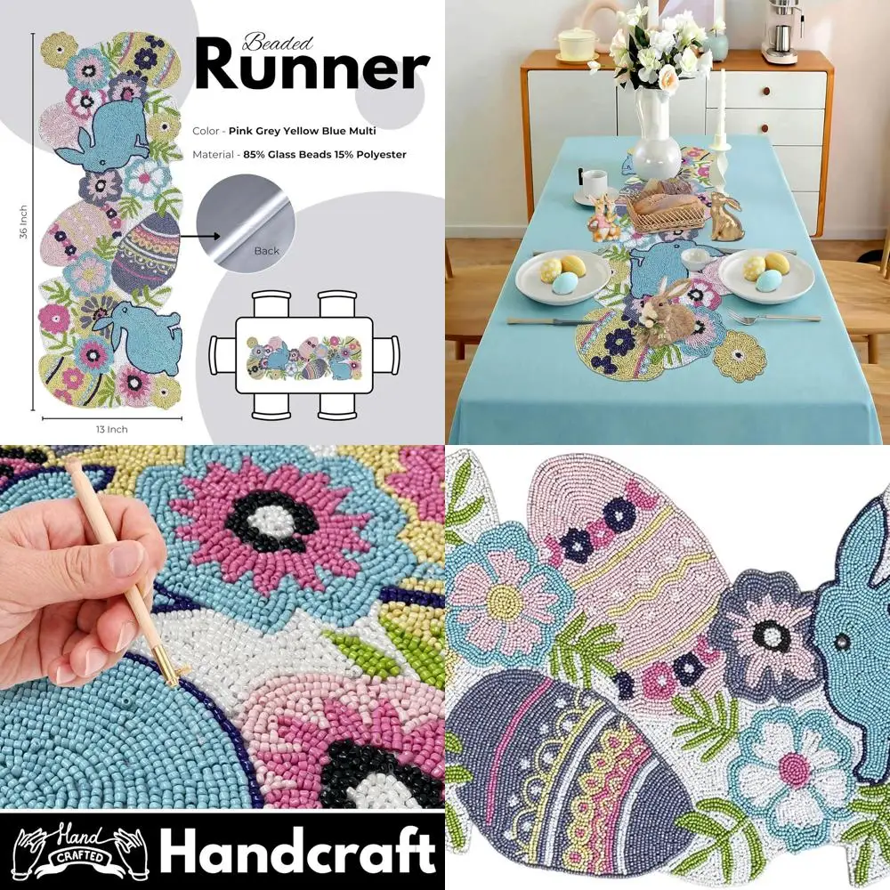 

36 Beaded Glitz Farmhouse Easter Table Runner in Pink, Grey, Yellow, and Blue