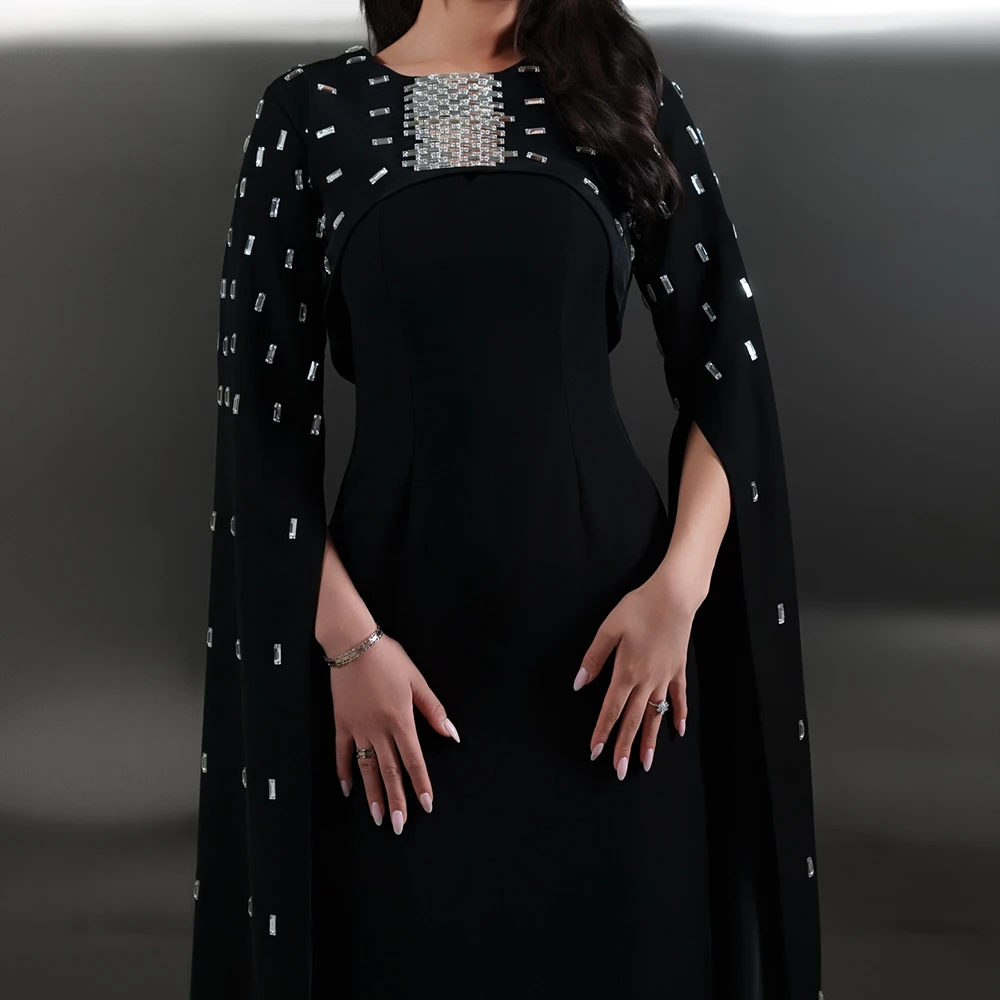 فساتين سهرة مخصصة على شكل حرف A بطول الأرض ورقبة سكوب وأكمام طويلة فستان حفلات موضة كريستال بسيط ثنيات #3