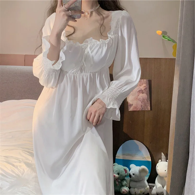 Sleepwear Female Long Nightdress Retro Palace Style Princess Nightgown Sleepdress Spring Casual Rayon Home Dress Lounge Wear