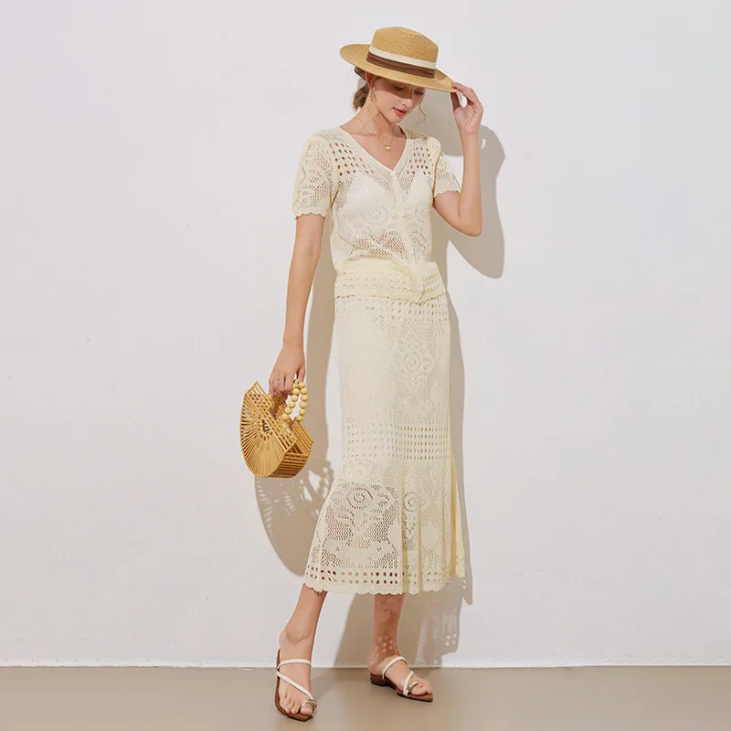 Summer Crochet Two-Piece Set for Women Elegant Short Sleeve V-Neck Cardigan and Hollow Out Knitted Maxi Skirt Casual Holiday