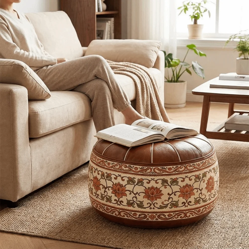 PU Leather Lotus Print Seat Cushion Cover Unstuffed Vintage Round Footstool Cover Folding Waterproof Clothes Storage Bag