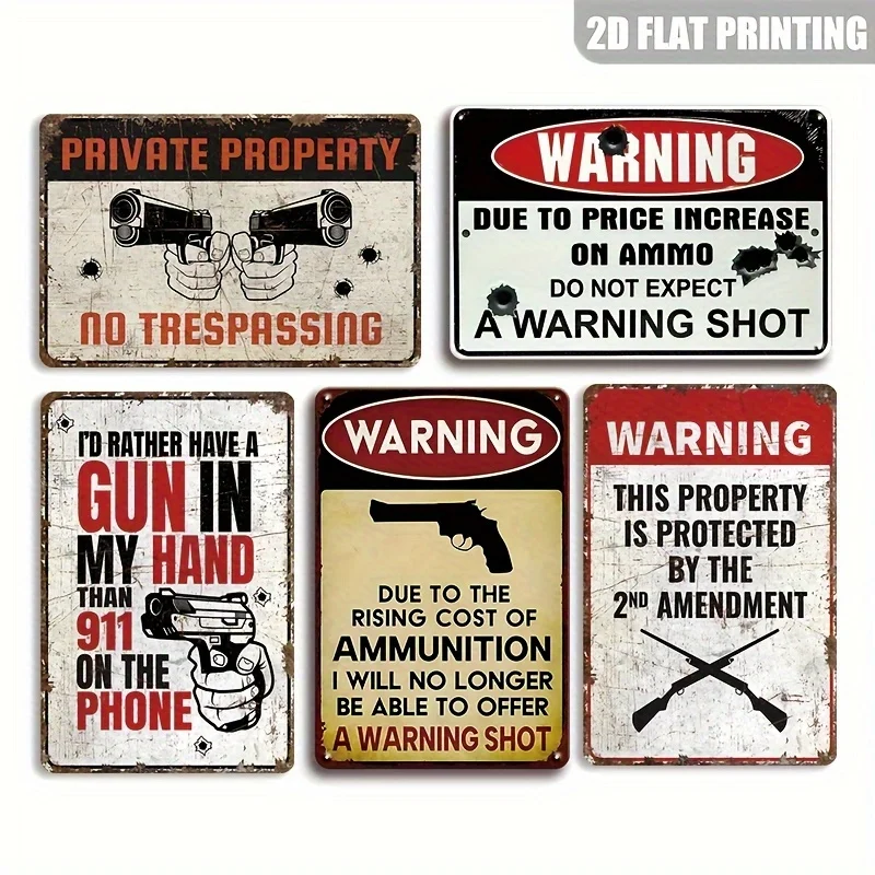 Decorative Sign & Plaque, 5pcs Vintage Metal Gun Warning Signs - No Trespassing, Private Property, Ammunition Notice - Heavy-Dut