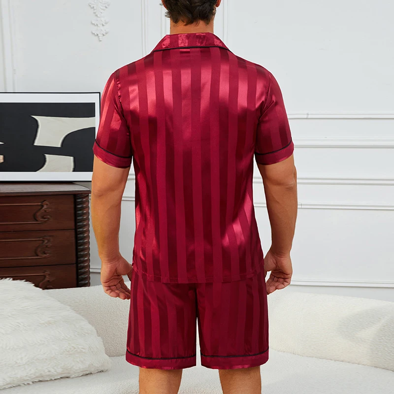 Men Stripe Print Satin Short Sleeve Pajama Set Summer Sleepwear for Man Button-Down Shirt & Elastic Waist Shorts Pajamas 2 Piece