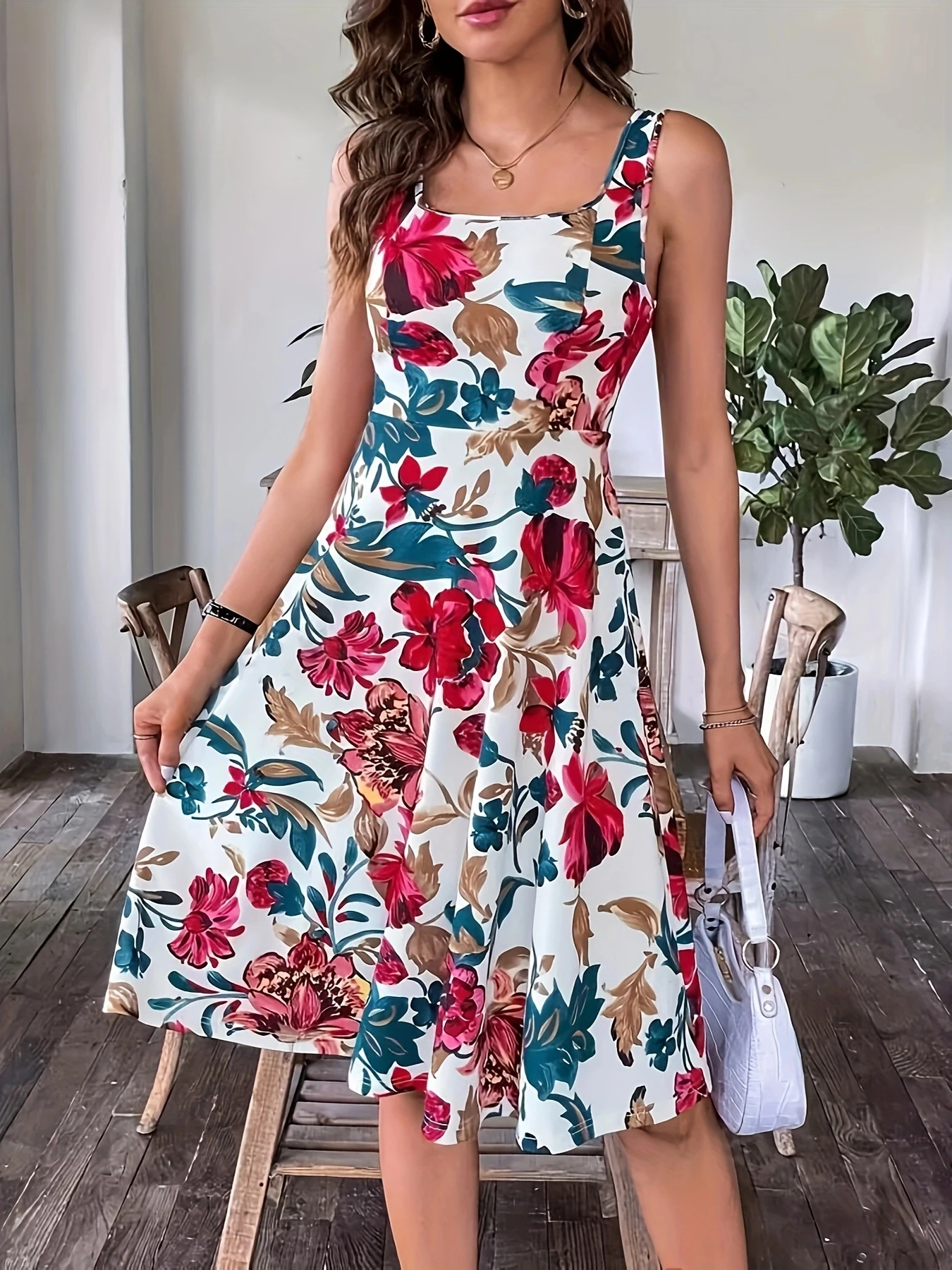 Party Women Floral printed Knee Length Sleeveless Square Neck Summer A-Line Suspender Dress