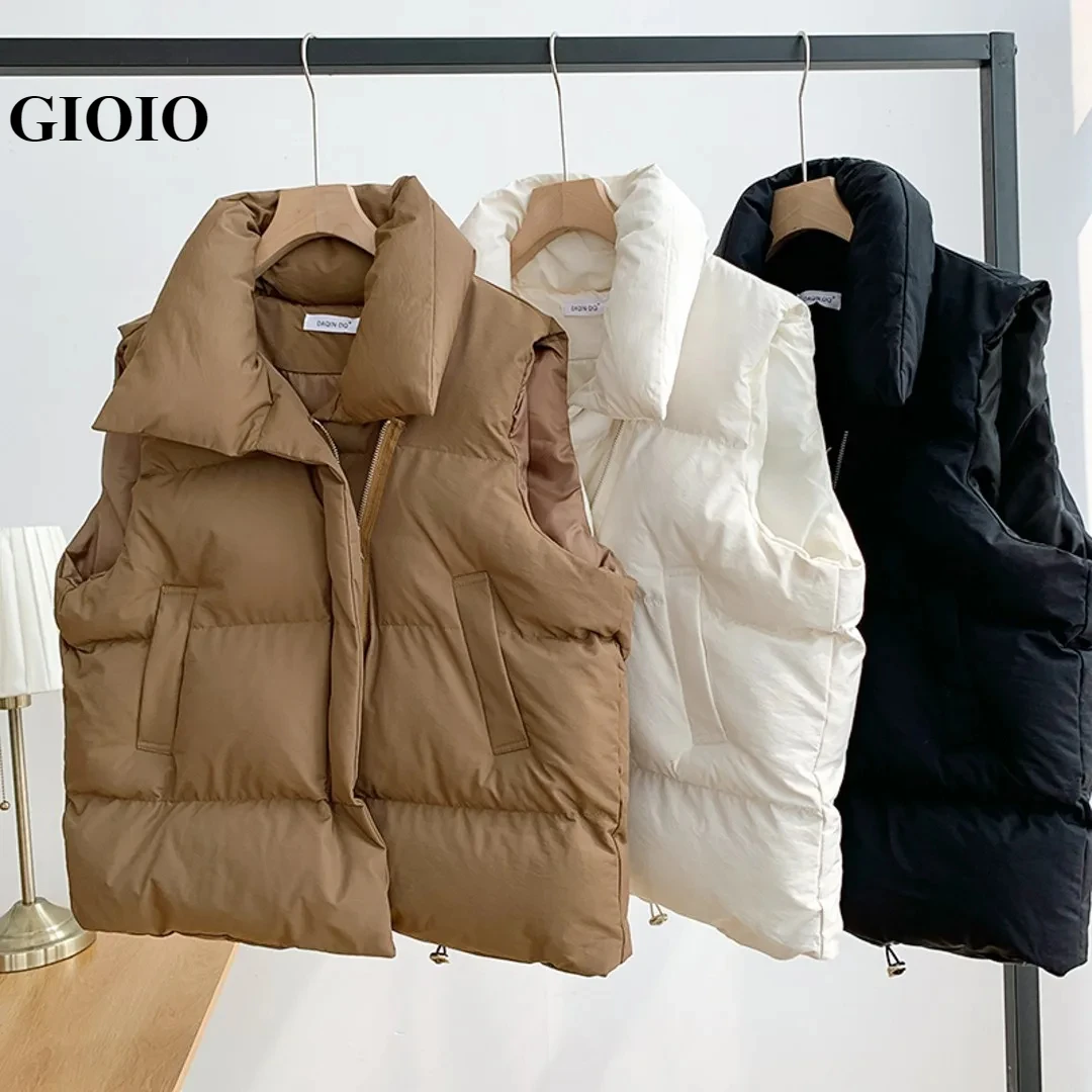 

GIOIO Women Fashion Autumn New Stand Collar Elegant Down Coats Warm Outerwear Casual Belt Sleeveless Winter Women Vests Jackets