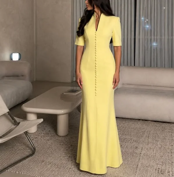 Customized V-neck Yellow Floor Length Buttons Dresses on Clearance Sale Birthday Vestidos De Fiesta Elegantes 2026 فساتين حفلات