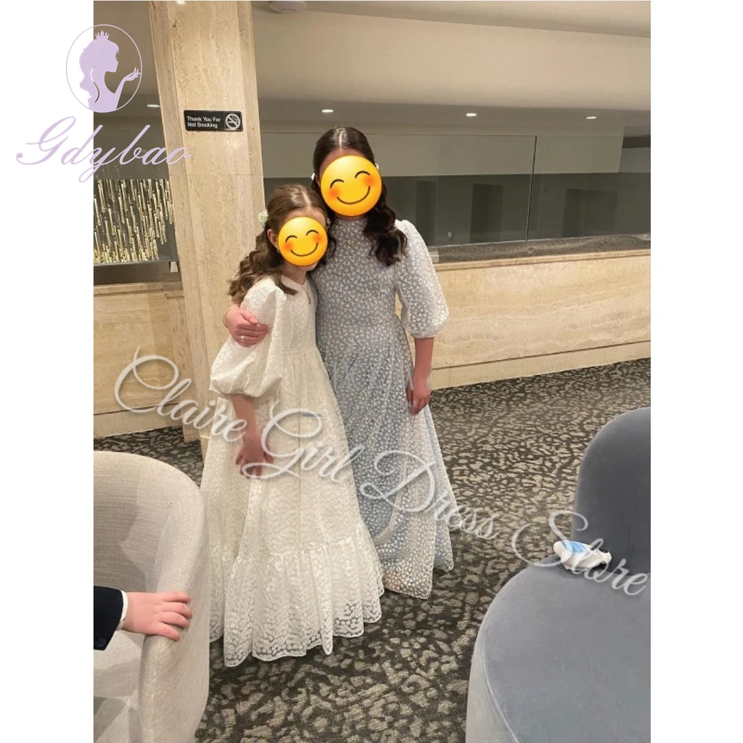 Vestido de niña de flores de primera comunión de encaje de leche para boda mangas largas cuello alto hinchado niños cumpleaños vestidos de baile elegantes