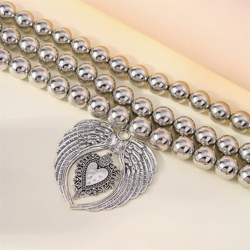 Punk Übertriebene Handgemachte Perlen Halskette für Frauen Metall Flügel Herz Anhänger Choker Halskette Mädchen Party Festival Schmuck Geschenke – Detail 6