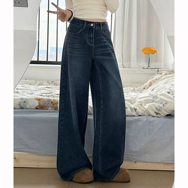 

Lady High Waist Baggy Thin Jeans High Street Retro Female Casual Denim Pants Girls Chic Ins Fashion Wide Leg Trousers