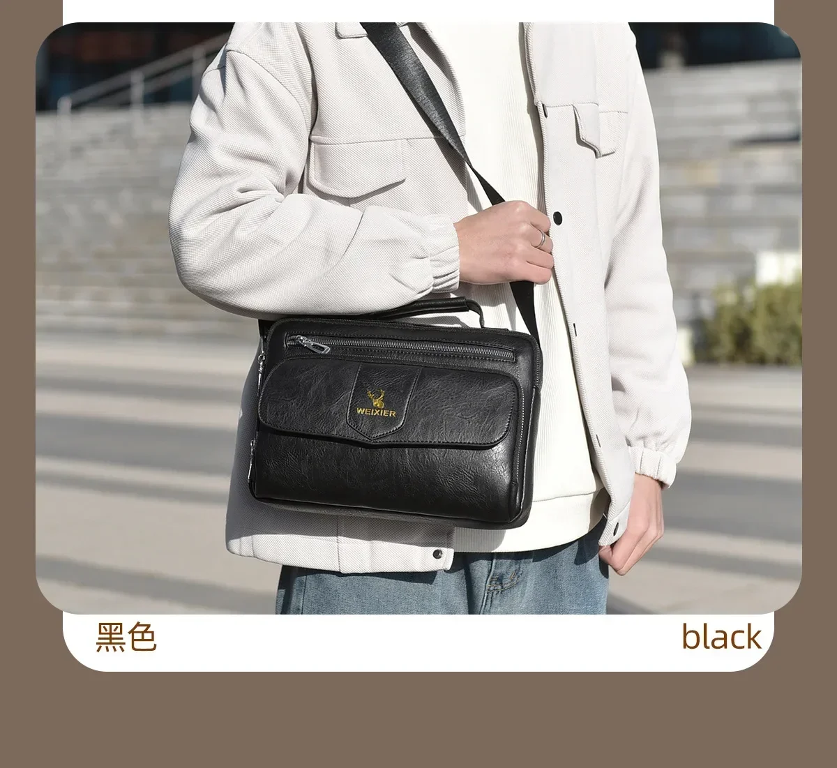 WEIXIER Marken-Herren-Umhängetasche aus PU-Leder mit Großer Kapazität und Mehreren Taschen, Hand- und Schultertasche für Geschäftsreisen und Outdoor-Aktivitäten – Detail 4