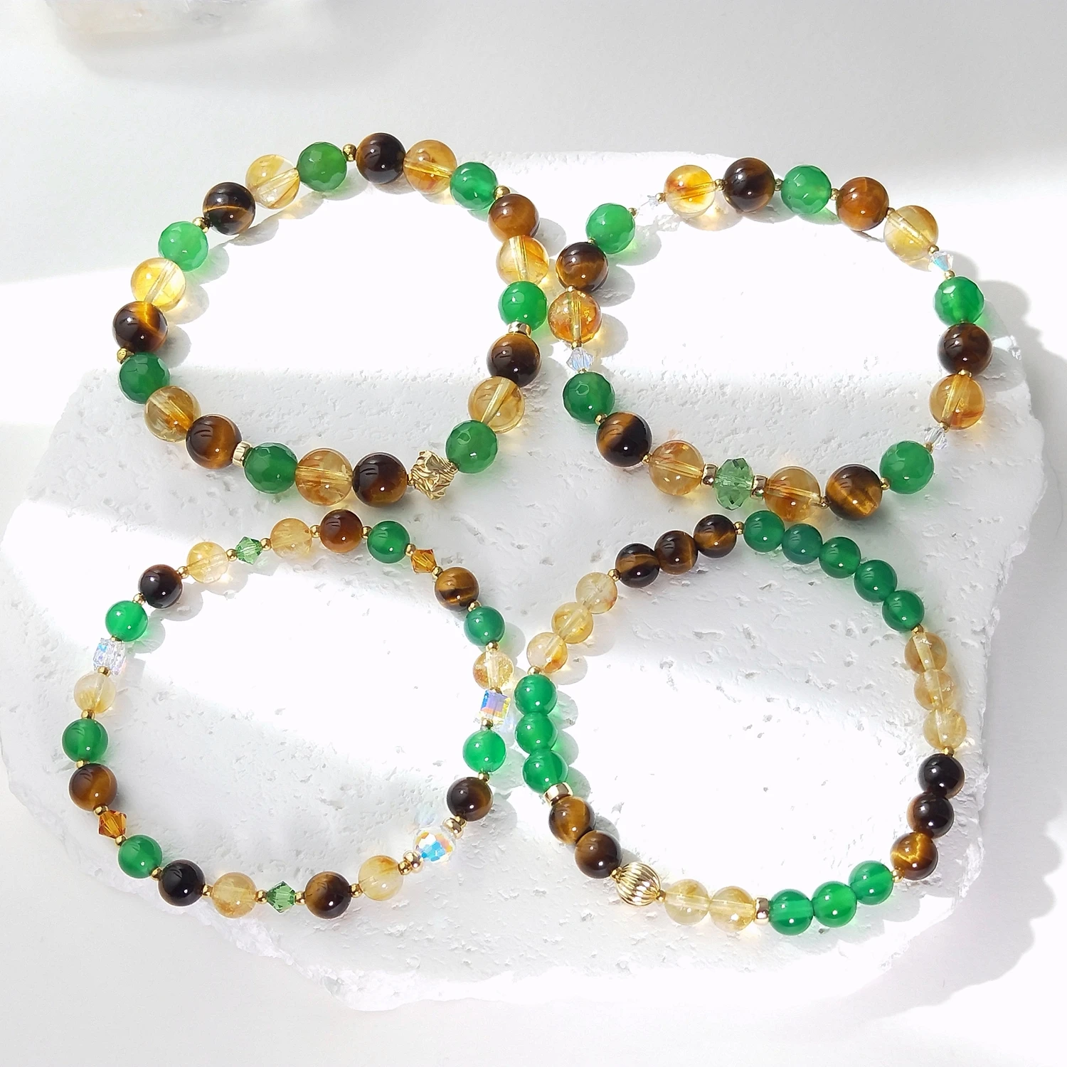 

Lii Ji Natural Stone Tiger's Eye Green Agate Citrine 6/8mm With Crystal American 14K Gold Filled Elastic Bracelet