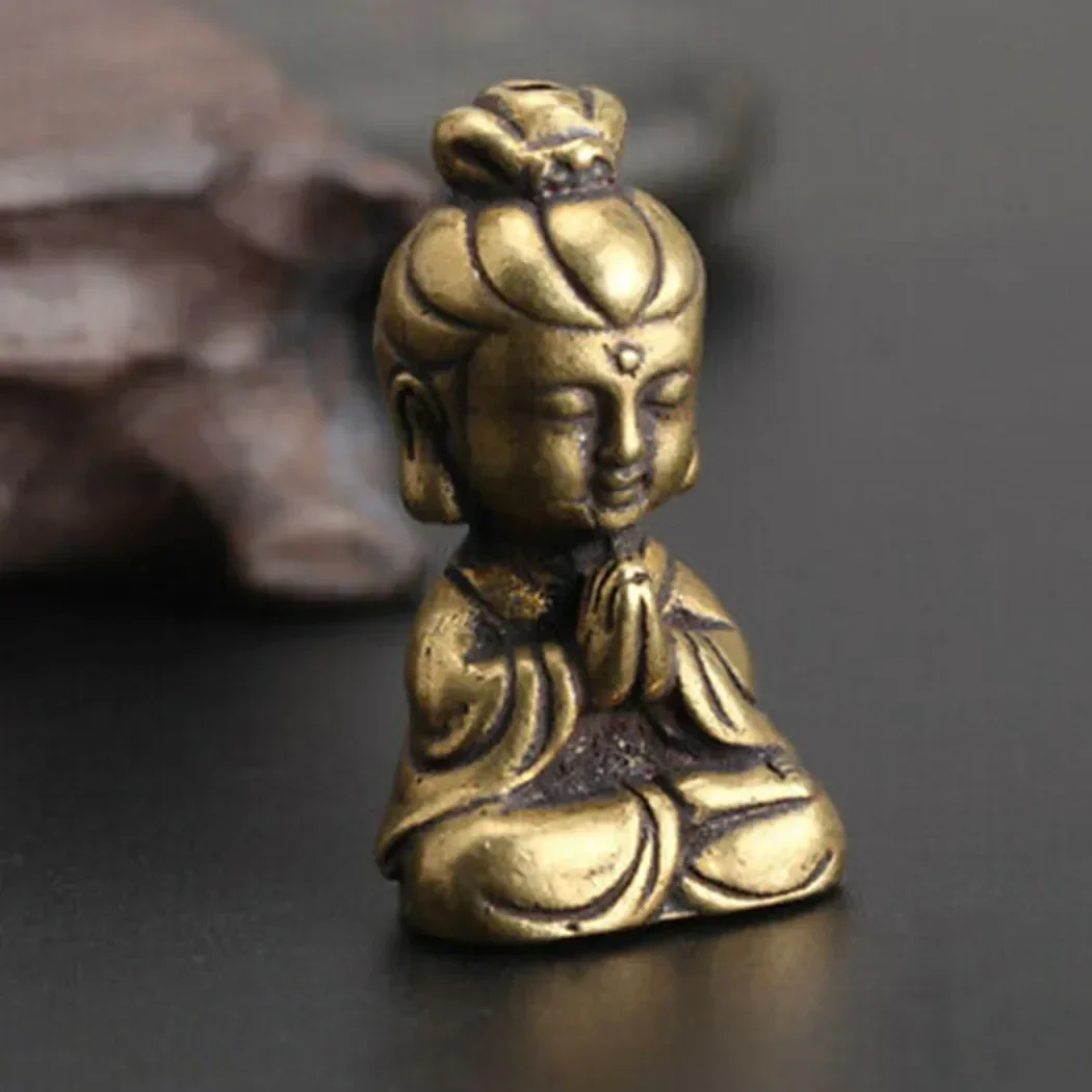 Mini Brass Guanyin Buddha Statue Ornament Homemade Miniature Figurines Home Office Desk Furniture Hanging Decoration