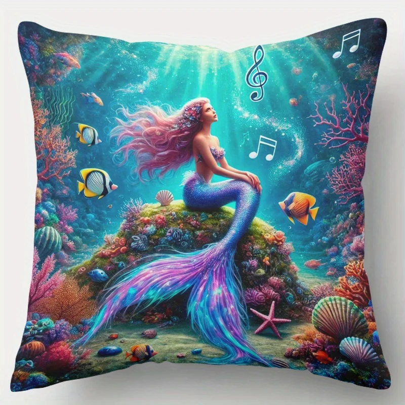 Mermaid Singing Pillow Case, Colorful Underwater Ocean Art Cushion Cover, Fantasy Sea Life Decor, Vibrant Marine Home Textile,