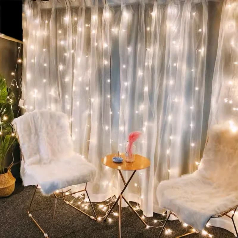 LED Curtain String Fairy Lights, 8 Modos, Controle Remoto, Decorações de Natal, Casamento, Feriado, Quarto, Decoração de Casa, 1Pc