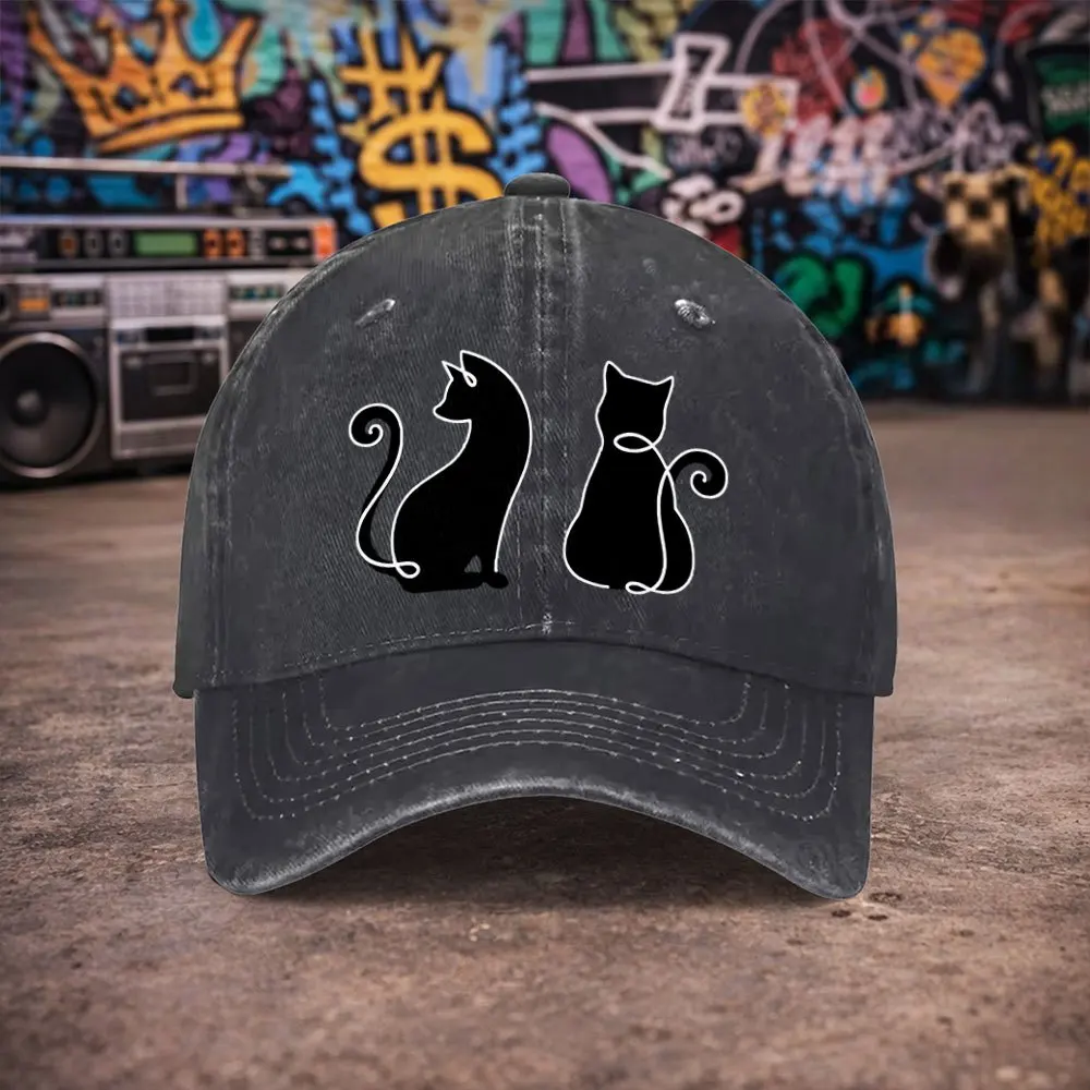 1pc Unisex Black Cat Line Art Vintage Washed Baseball Cap - Men's Trendy Hat - Versatile Duckbill Cap - Fun Print - A Unique Bir