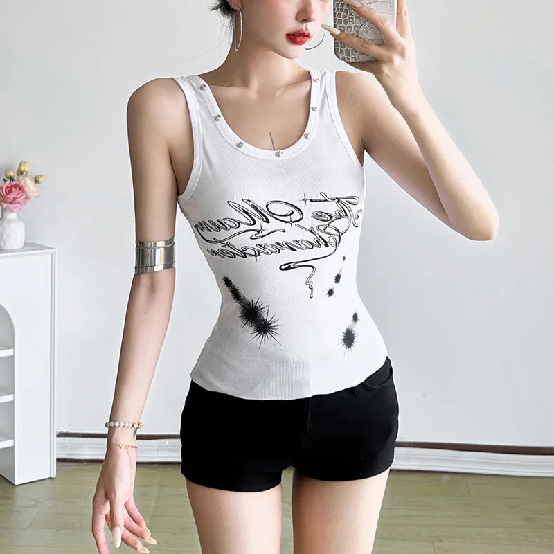 

European American Style Letter Printing Tank Tops Women Rivets Decor Round Neck Vest Woman Streetwear Sleeveless Y2K Crop Top