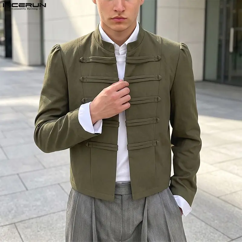 INCERUN Herrenjacken, einfarbig, mit Stehkragen, langen Ärmeln, offener Strickoptik, Herrenmäntel, Streetwear, elegante Party-Mode, Oberbekleidung für Herren.