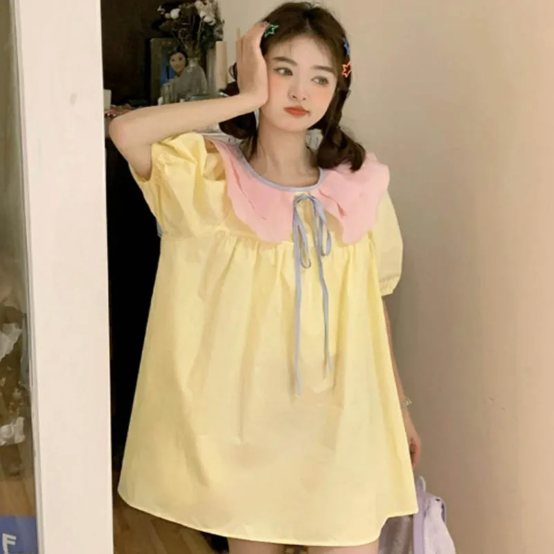 Peter Pan Collar Puff Sleeve Dresses Women Summer Sweet Color Collision A-line Loose Preppy Style Bow Lace-up Short Dress Female