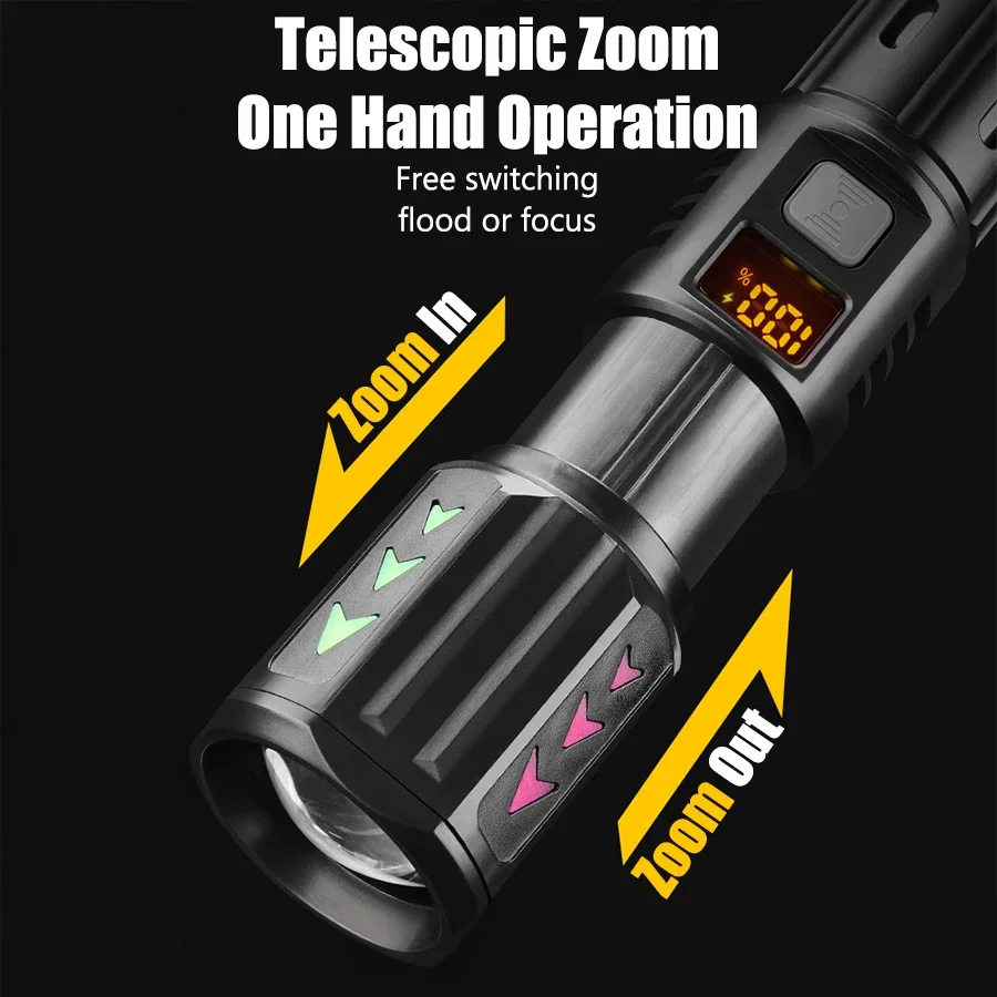 Rechargeable LED Flashlight Built-in Battery Flashlight High Power Waterproof Torch Zoomable Tactical Flashlight with 3 Modes