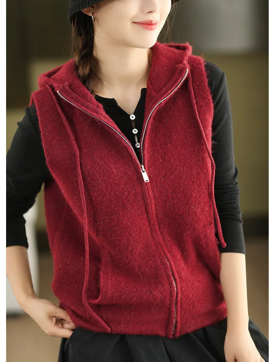 

Faionable Autumn Winter Woolen Vest Women's Warm Hooded Zipper Svel Knitted Cardigan Versatile Outerwear