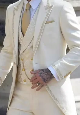 Men Victorian Tailcoat 3 Piece Suit Gold Embroidered Trim Wedding Groom Tuxedo Long Cutaway Jacket Vest Pants Set Customized