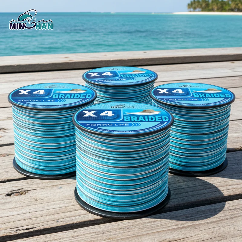 4-Strand Braided Pe Line, 500m, Blue and White Mixed Color 16-84lb. Suitable for Saltwater and Freshwater Fishing