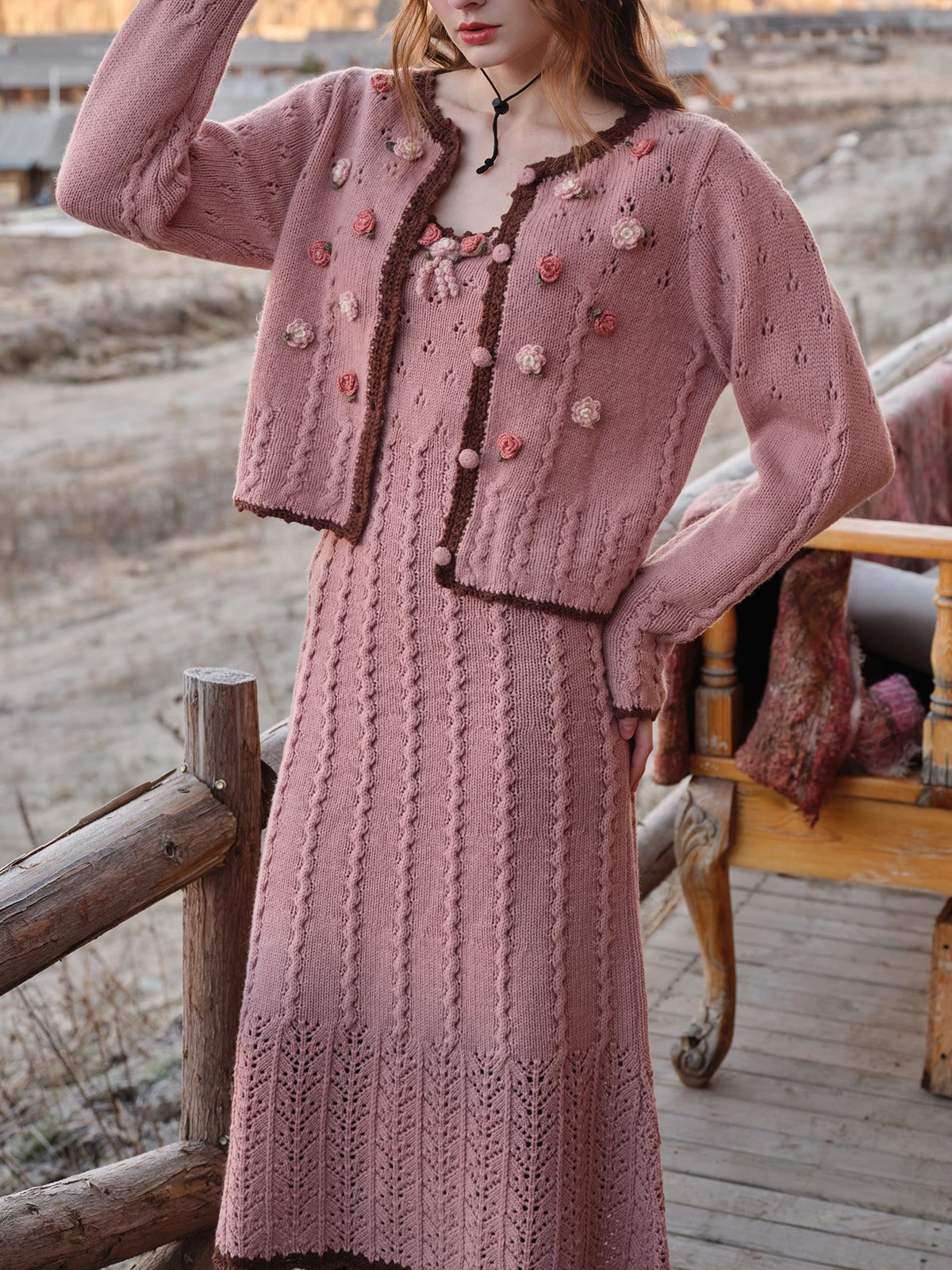 80-92cm Spring Fall Pink Knitted Wool Dresses Women French Vintage Elegant Slim Handmade Crochet Flowers Hollow Out Sling Dress