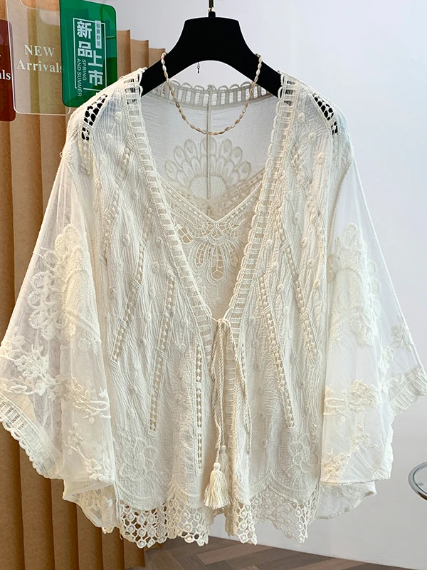 Summer Lightweight Hook Flower Sun Protection Coat Loose Strap Top Two-Piece Set Women's Vacation Outerwear Ensemble