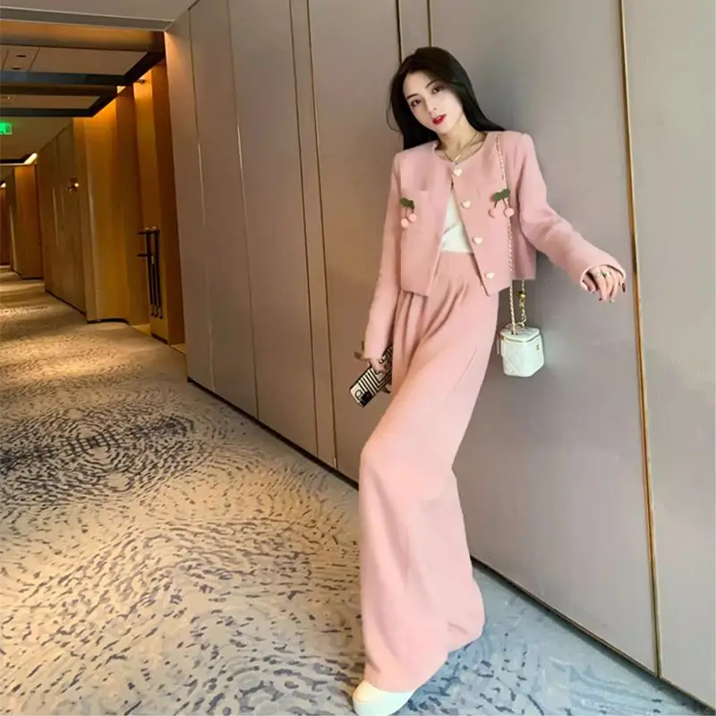 Women\'s Spring Autumn Sweet Pink Slim Coats Pants Two Piece Set Lady Korean Cute Pompom Jackets Long Trousers Outfits 2024