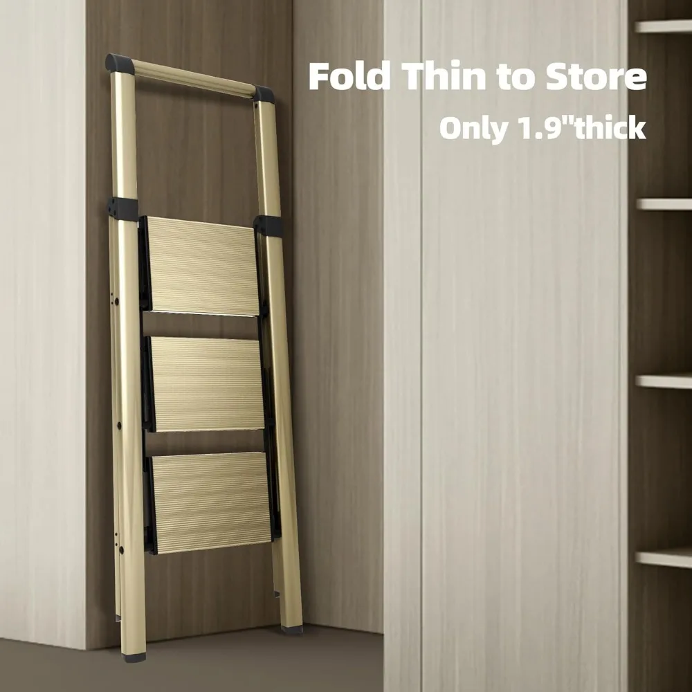 سلم ألومنيوم قابل للطي بثلاث خطوات مع مقبض يدوي، معالجات مضادة للانزلاق، سعة 330 رطل، خفيف الوزن ومحمول للاستخدام المنزلي