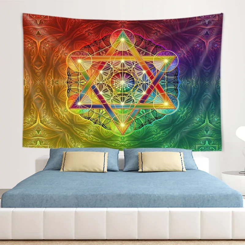 Merkabah And Flower Of Life With Metatron S Cube Home Psychedelic Colorful Hanging Tapestries Dorm Wall Art Yoga Mat Tapiz