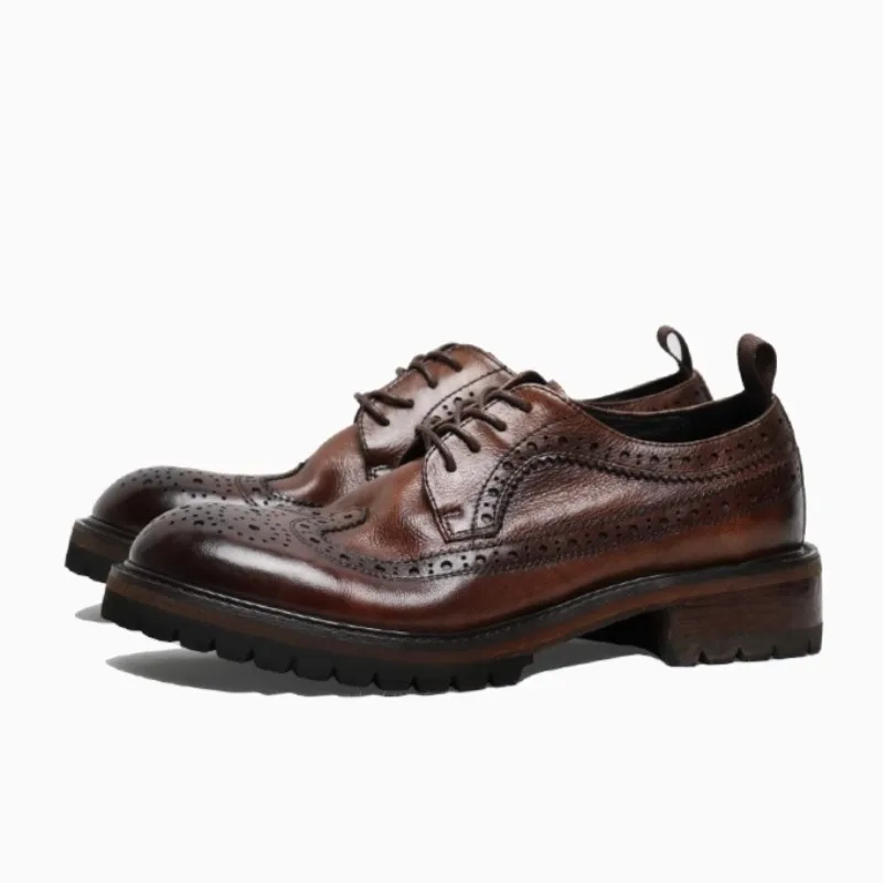 

Vintage British Round Toe Carved Brogue Shoes Men Casual Leather Shoes Height Increasing Thick Sole Genuine Leather Work Shoes