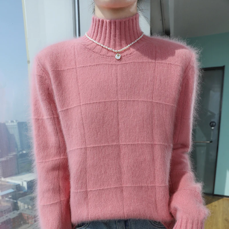 Autumn Winter Women's New High Neck 100% Pure Mink Cashmere Knitted Sweater Fashionable Solid Color Multifunctional Slim Fit Top