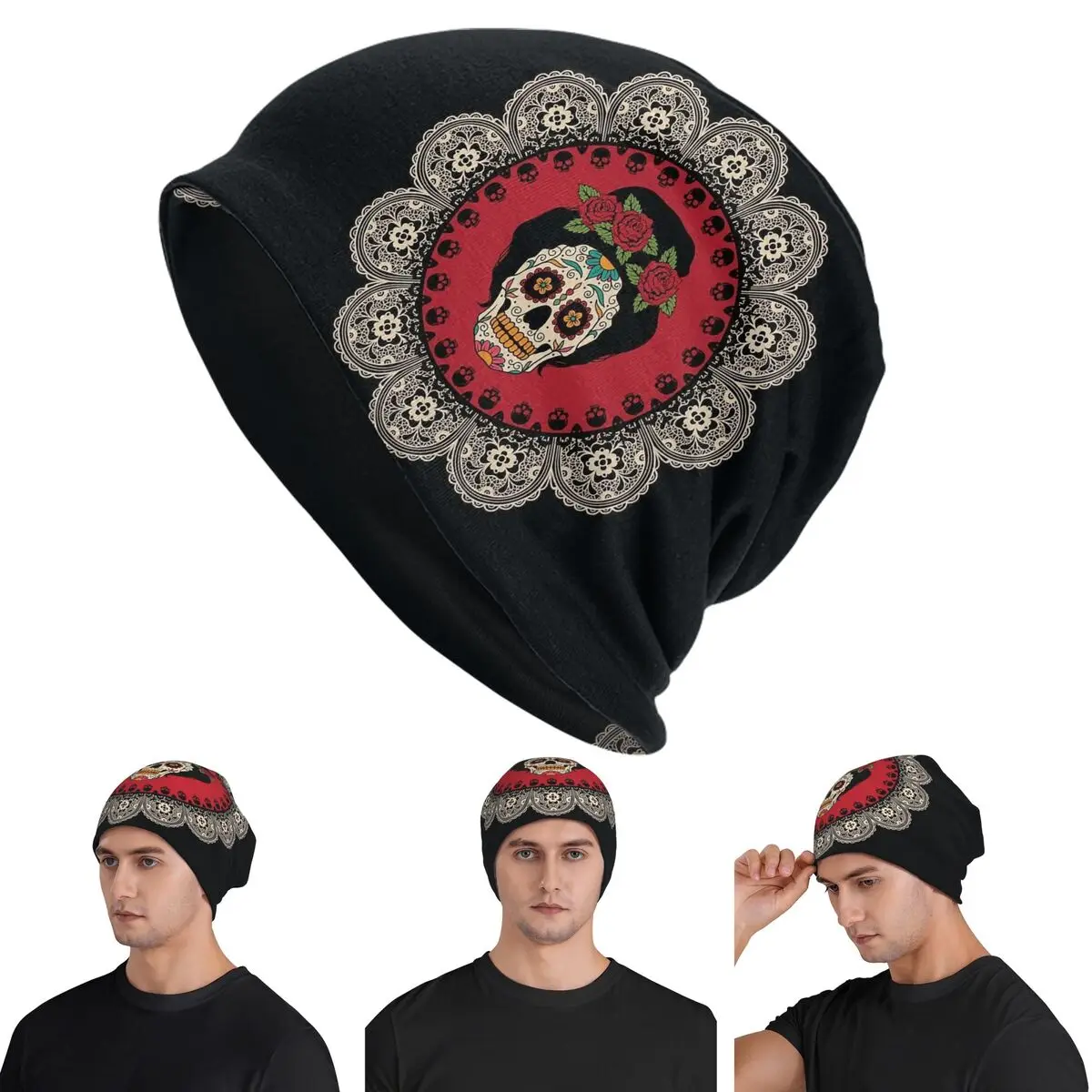 Mexican Skull Calavera Illustration Warm Knitted Cap Hip Hop Bonnet Hat Autumn Winter Outdoor Beanies Hats for Men Women Adult