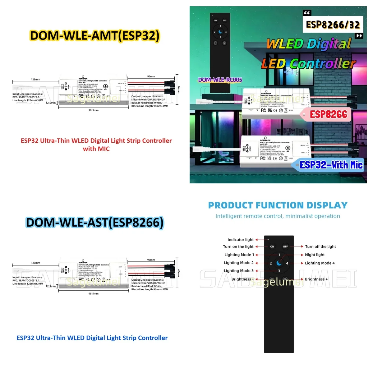 

DOMRAEM ESP32 Ultra-Thin Music Controller WLED Addressable 2CH WS2811/2812/2812B/2813/2814/2815/2805/SK6812/APA102 RGB IC Strips