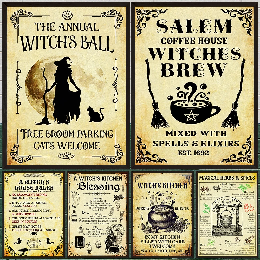 Magical Herbs And Spices,Kitchen Witch Wall Art Canvas Painting,Magic Black Cat Witchery Art Poster And Print Home Decoration